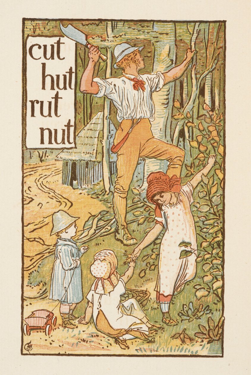 Rimende ord, der ender på bogstavet T. En illustration, der viser en mand, der hugger et træ. Tre børn er med ham. Den gyldne primer. af Walter Crane