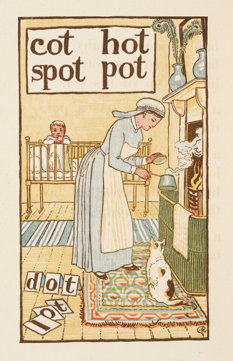 Rimende ord, der ender på bogstavet T. En illustration, der viser en sygeplejerske, der koger en gryde til et sygt barn. Den gyldne primer. af Walter Crane