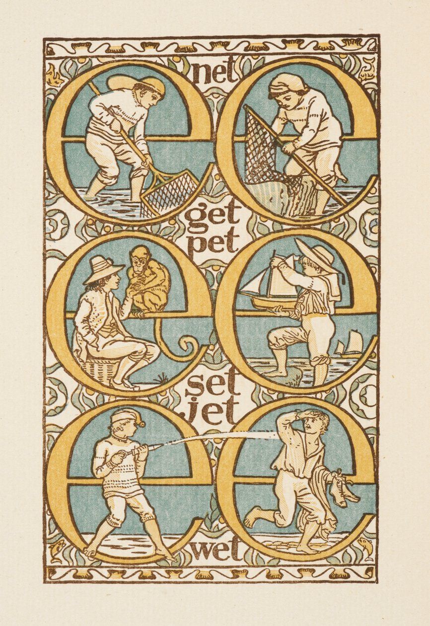 Rimende ord, der illustrerer brugen af bogstavet E. Den gyldne grundbog. af Walter Crane