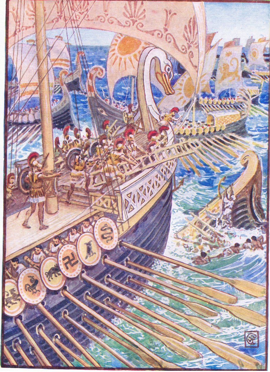 Skib styrtede mod skib, indtil de persiske døde strøede dybet som blomster, illustration fra The Story of Greece, 1930