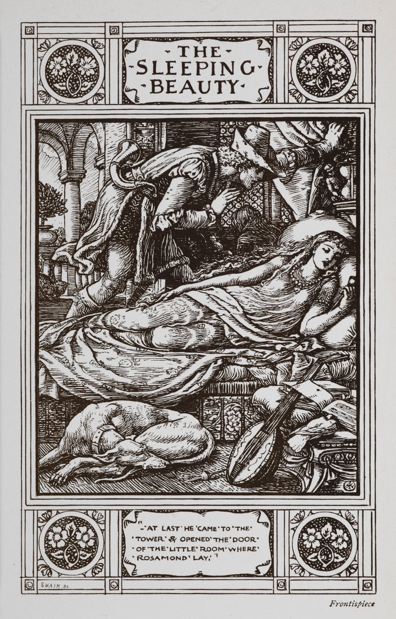 Tornerose ligger og sover omgivet af en sovende hund og et musikinstrument, mens Prince Charming våger over hende. af Walter Crane