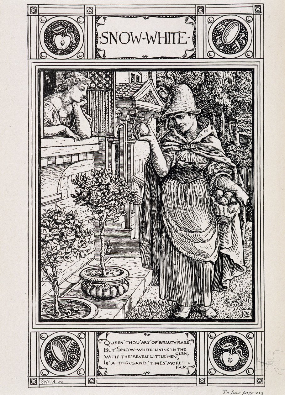 Snehvide og heksen, der passer sit æble - i "" Husholdningshistorier fra samlingen af Bros Grimm", oversat fra tysk af Lucy Crane, London mac millan & Co ltd af Walter Crane