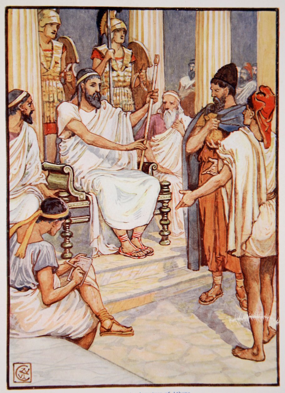 Solon befrier en slave, ca. 595, illustration fra The Story of Greece af Mary Macgregor af Walter Crane