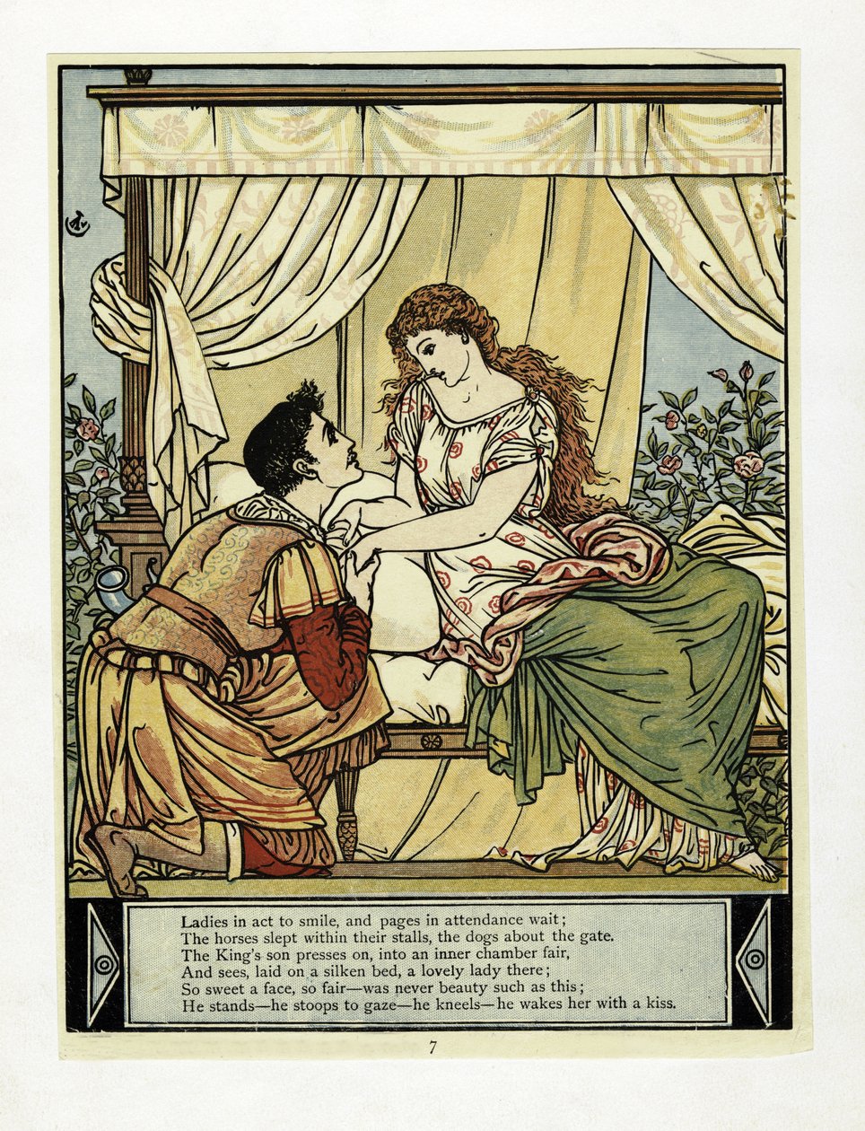 The Prince wakes Beauty, fra The Blue Beard Picture Book, pub. 1879 (farve litho) af Walter Crane