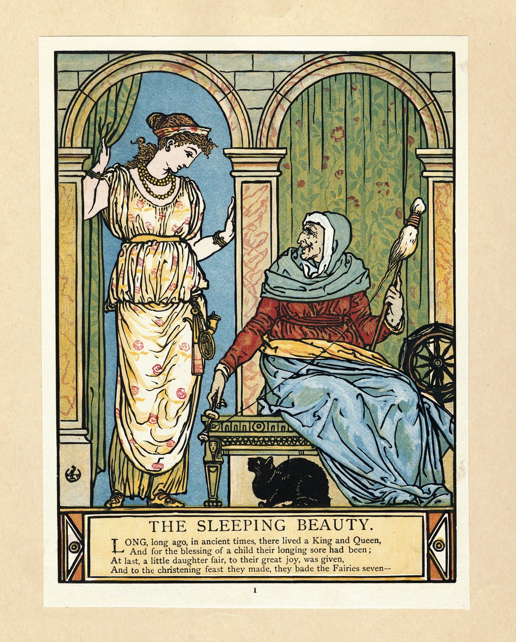 Prinsessen lærer at spinde, fra The Blue Beard Picture Book, pub. 1879 (farve litho) af Walter Crane