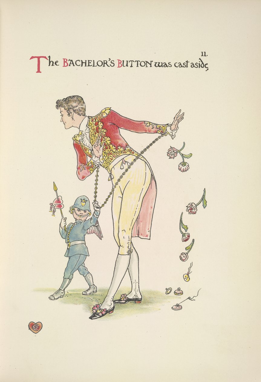 Batchelor-knappen. En ung mand lænket i manchetterne; Amor fører ham med af Walter Crane