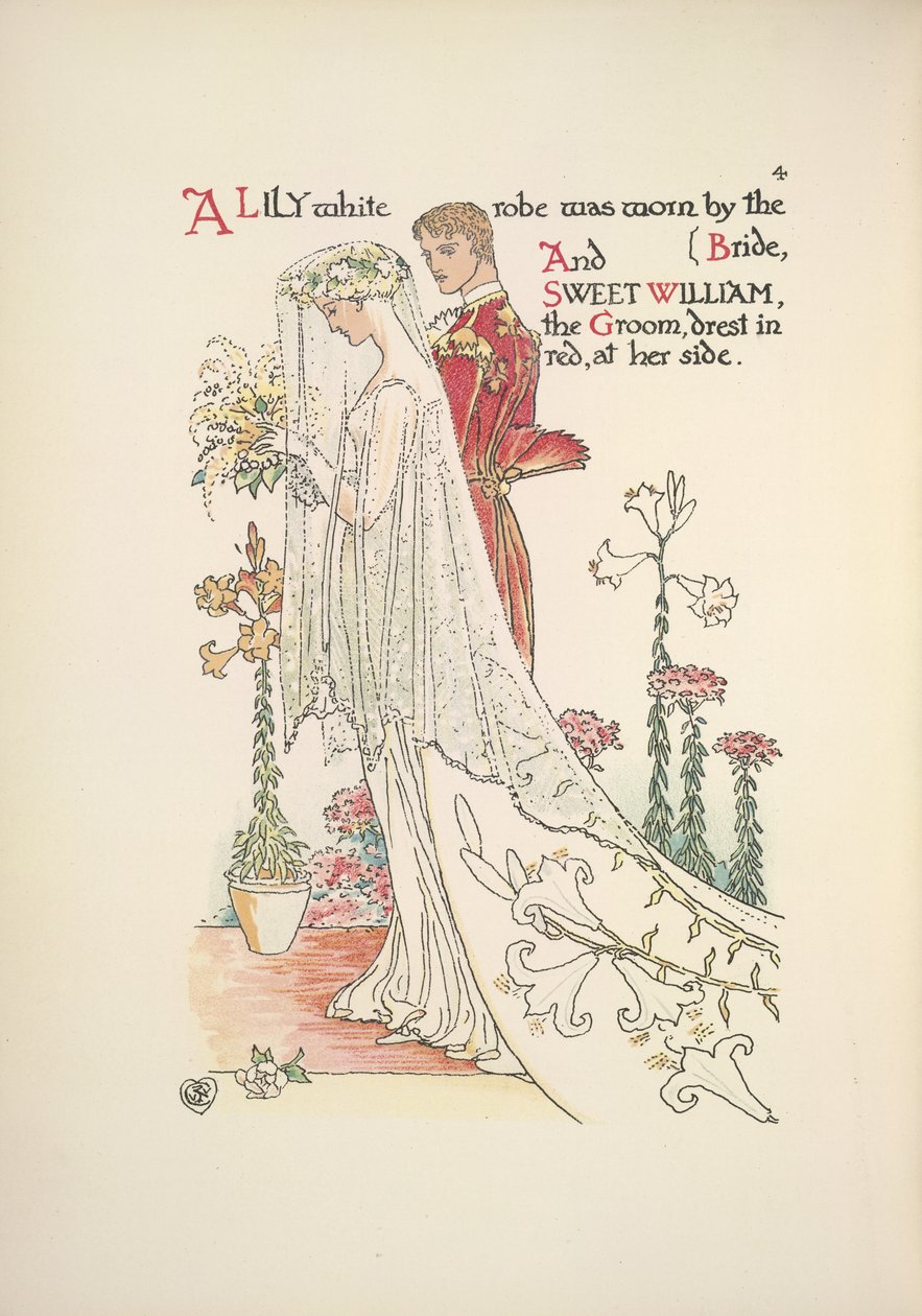 Brudeparret. En liljehvid kappe båret af bruden, og søde William, gommen, klædt i rødt af Walter Crane
