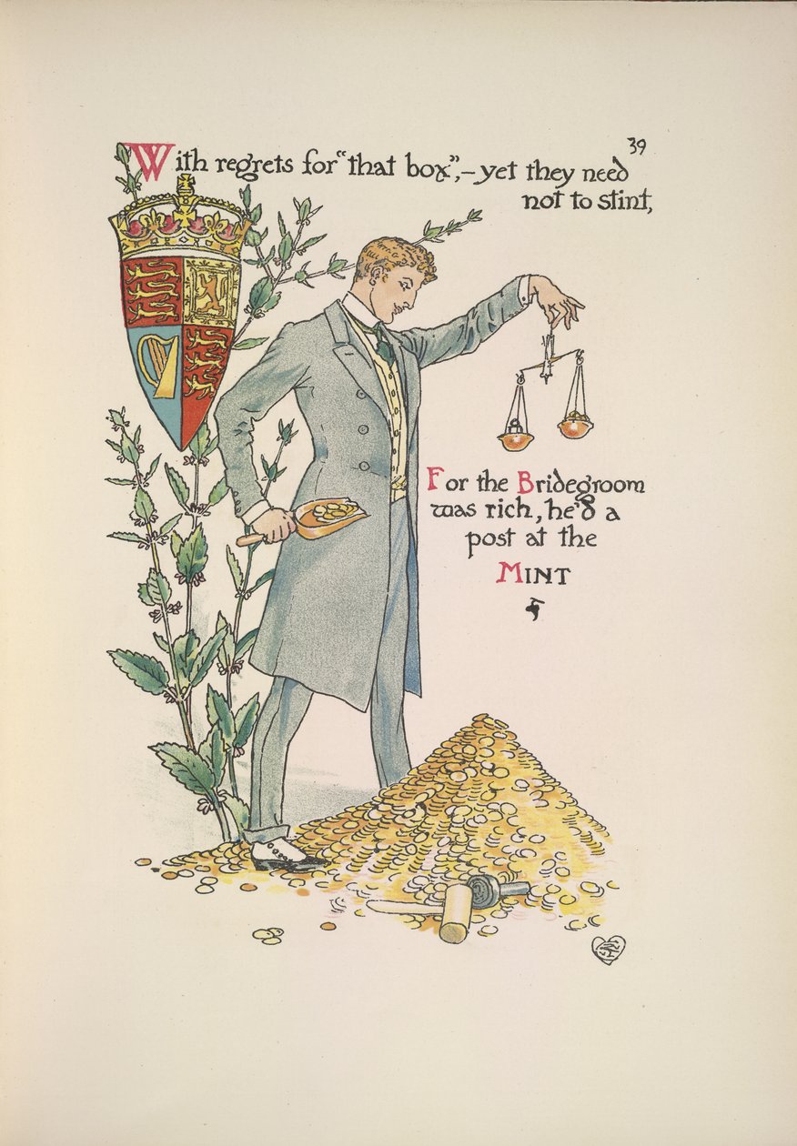 Brudgommen holder en vægt, der måler hans rigdom af Walter Crane