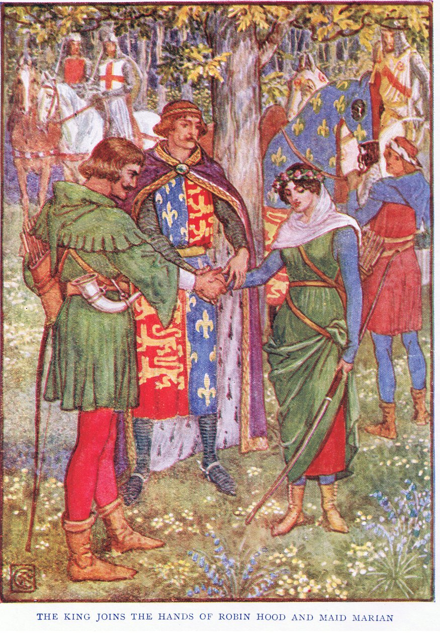 Kongen slutter sig til Robin Hood og Maid Marian, ca. 1920 af Walter Crane