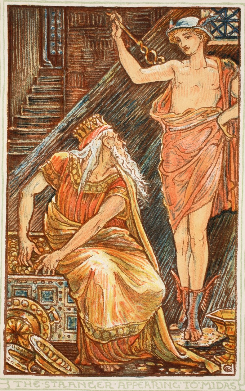 Den fremmede, der dukker op for Midas, illustration fra "A Wonder-Book for Girls and Boys" af Nathanial Hawthorne, 1852 af Walter Crane
