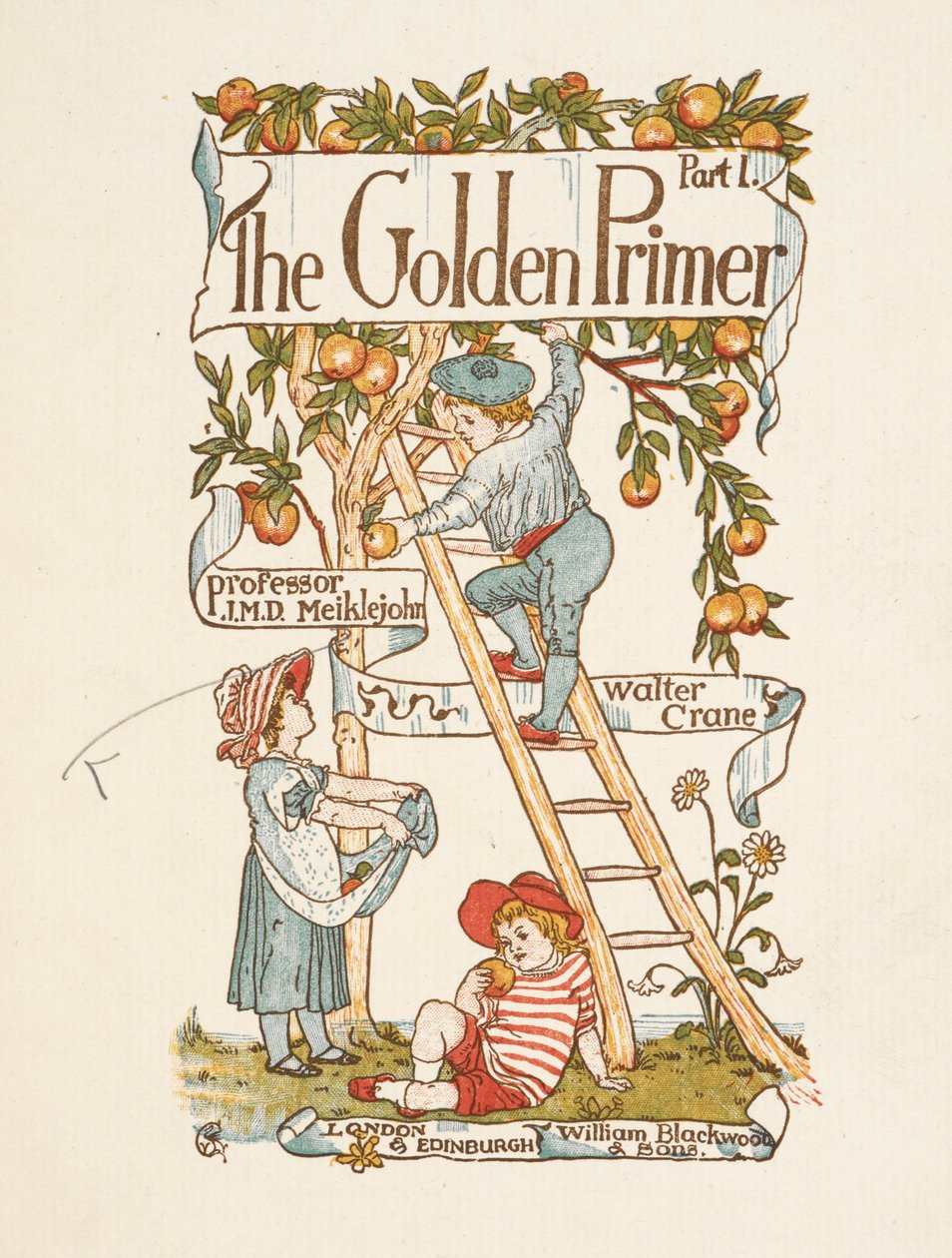 Titelside til den gyldne grundbog. Et barn er på en stige og plukker æbler fra et træ. af Walter Crane