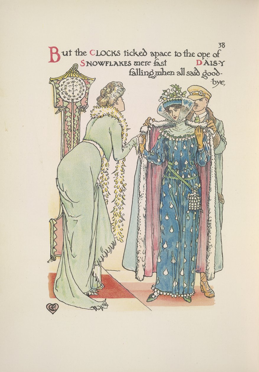 Bryllupsgæster på vej. En dame, der siger farvel; en mand, der hjælper hende på med frakken af Walter Crane