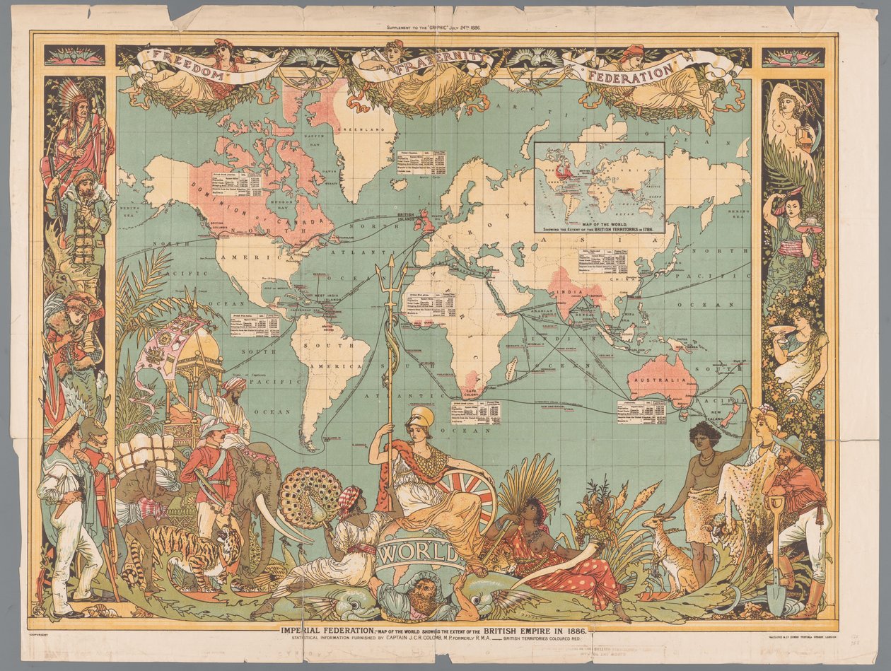 Verdenskort, der viser det koloniale britiske imperium, 1886 Imperial Federation, kort over verden, der viser omfanget af det britiske imperium i 1886 (titel på objekt) af Walter Crane