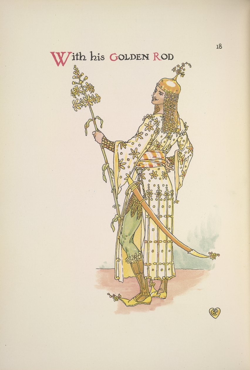 Med sin gyldne stang. En mand med en langstilket plante af Walter Crane