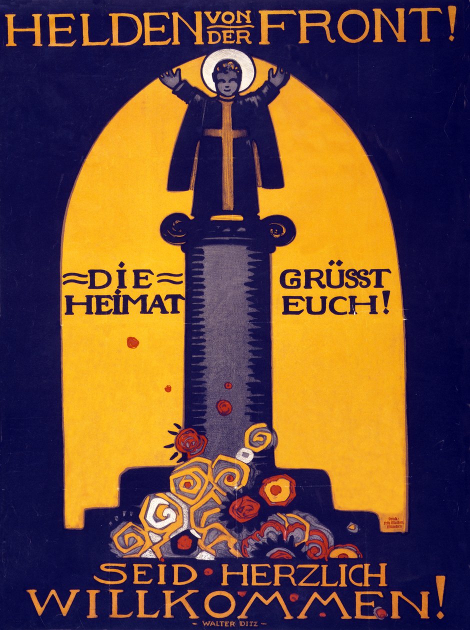 Tyske WWI-plakathelte fra fronten, Hjemlandet hilser dig! Velkomst pub. 1915 (farvelitografi) af Walter Ditz