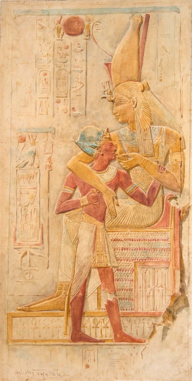 Isis sutter på Seti I, Abydos (akvarel) af Walter Frederick Roofe Tyndale
