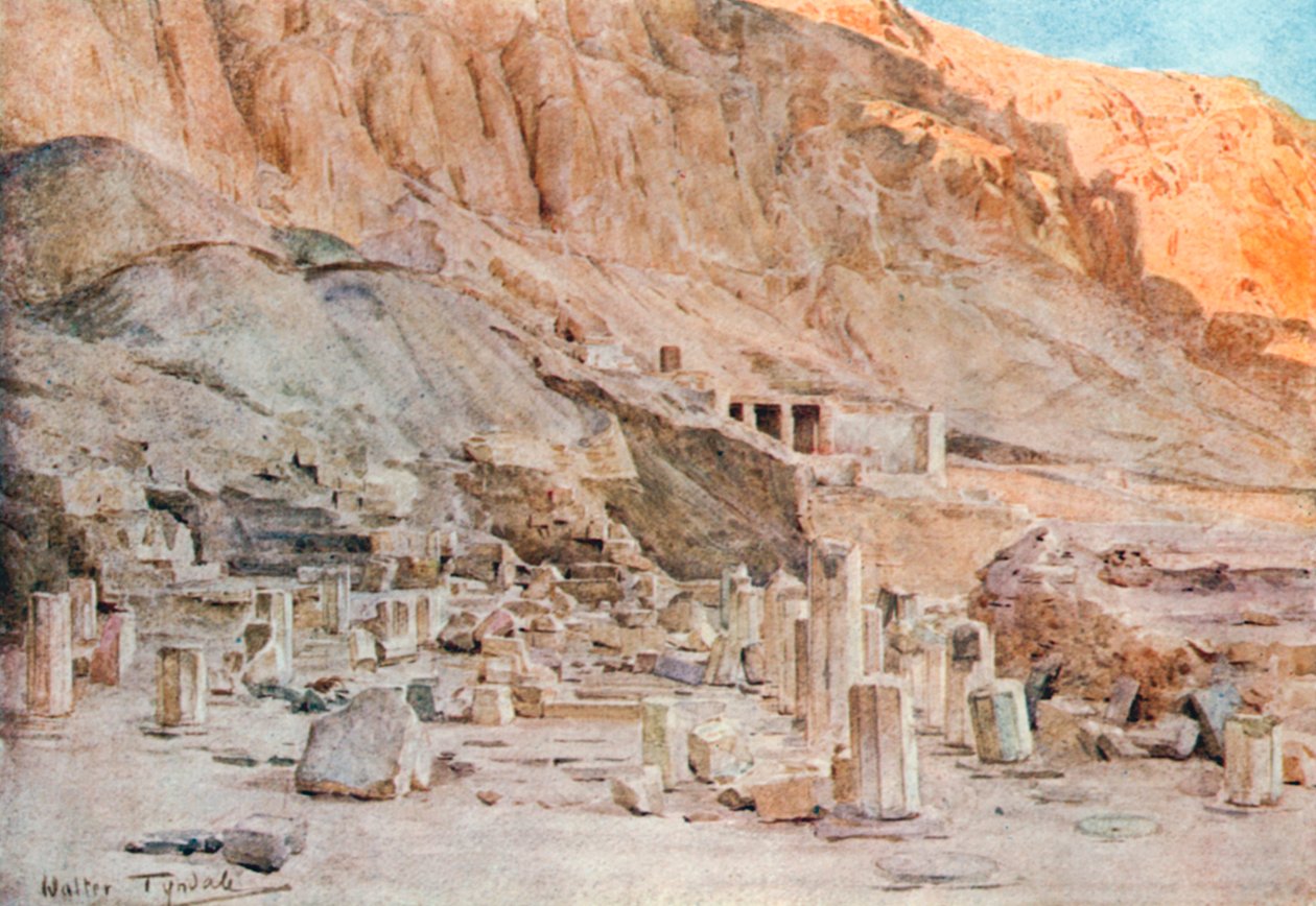 Ruinerne af Mentuhotep-templet i Theben (farvelitografi) af Walter Frederick Roofe Tyndale