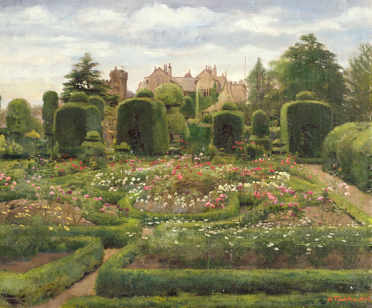The Topiary Gardens, Levens Hall, Cumbria, 1886 (olie på lærred lagt om bord) af Walter Frederick Roofe Tyndale