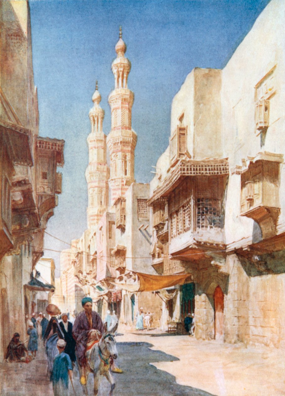 De to minareter i El-Muayyad (farvelitografi) af Walter Frederick Roofe Tyndale
