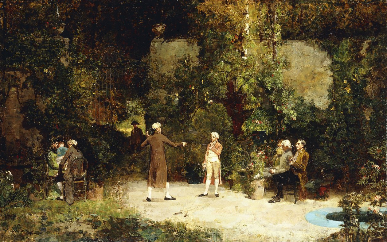 Fægtelektionen, ca. 1879 (olie på lærred) af Walter Gay