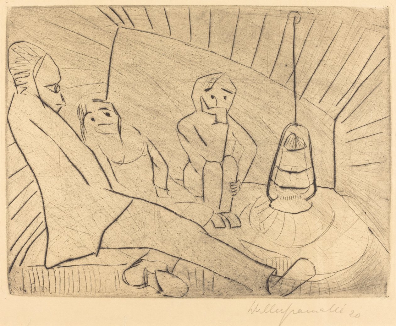 Tre personer i et atelier, 1920. af Walter Gramatte