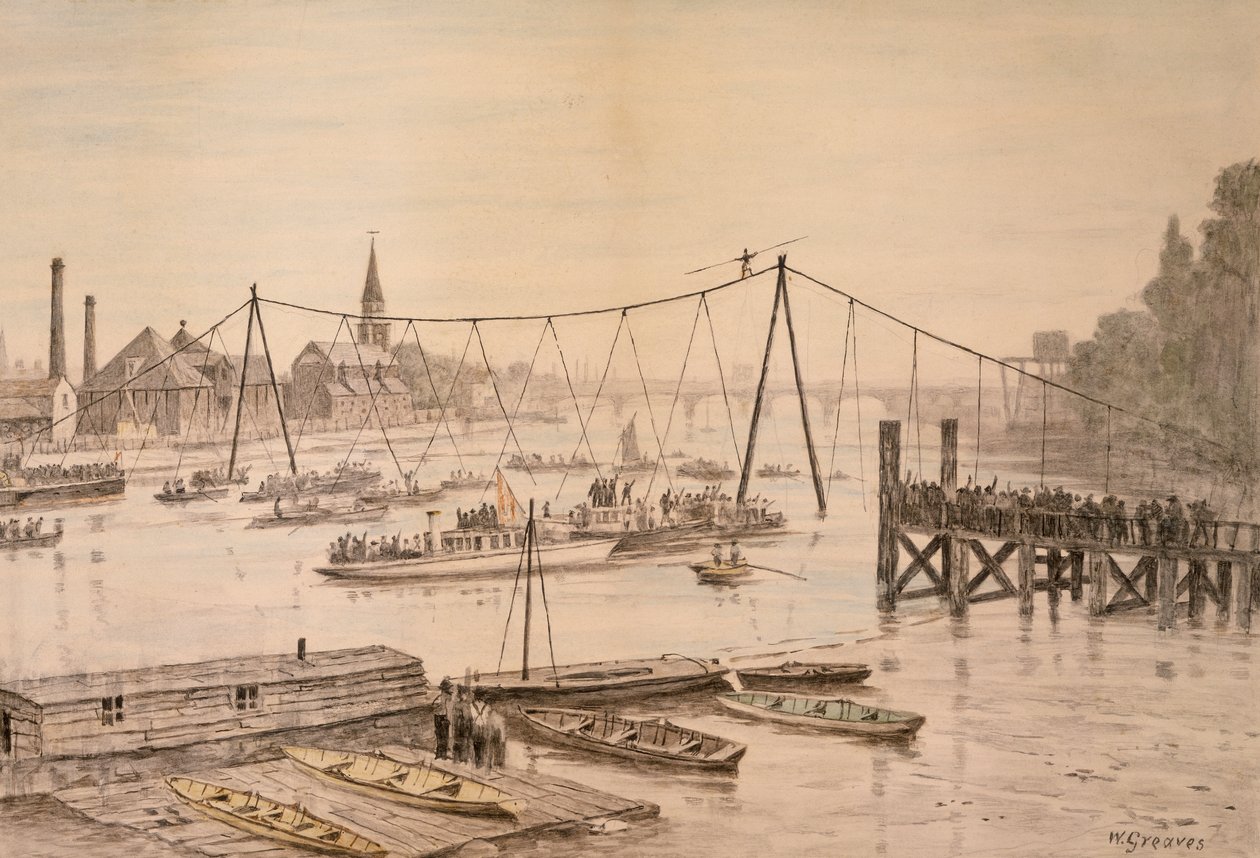 Charles Blondin krydser Themsen på stram reb, London, før 1897. af Walter Greaves