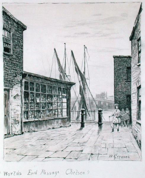 Worlds End Passage, Chelsea (blæk på papir) af Walter Greaves