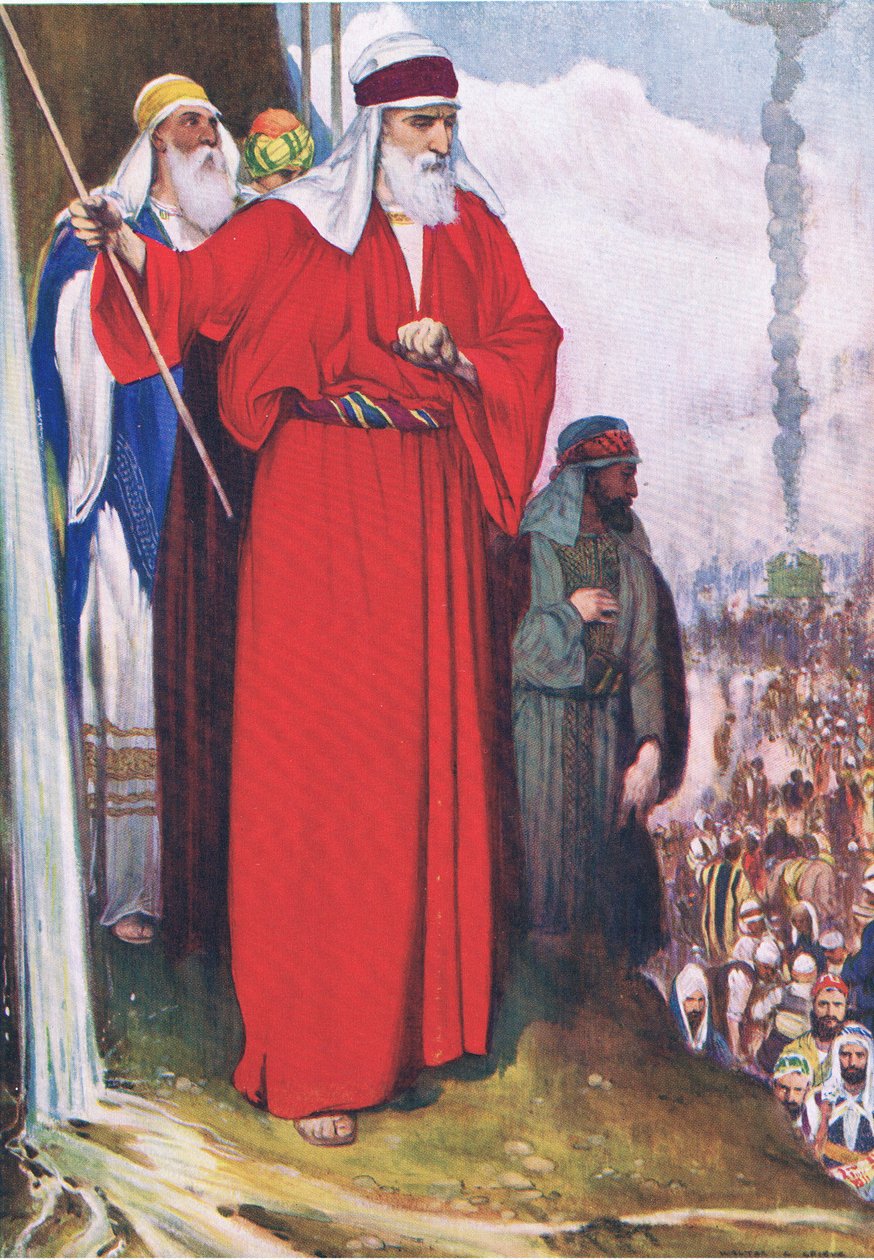Smiting the rockat Meribah, fra The Bible Picture Book udgivet af Thomas Nelson, ca. 1950 af Walter Grieve
