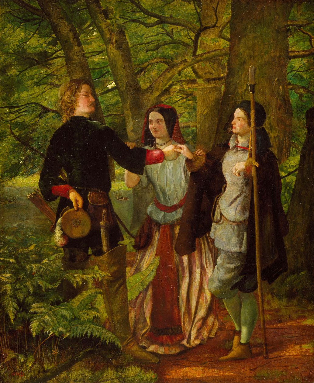 Som du kan lide - Akt IV Scene I - Rosalind underviser Orlando i ægteskabsceremonien eller Orlandos og Rosalinds falske ægteskab, 1850 af Walter Howell Deverell