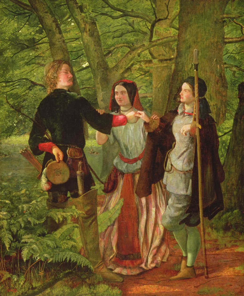 Som du kan lide - Akt IV Scene I - Rosalind underviser Orlando i ægteskabsceremonien eller Orlandos og Rosalinds falske ægteskab, 1850 af Walter Howell Deverell