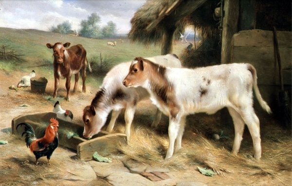 Tre kalve og fjerkræ af Walter Hunt