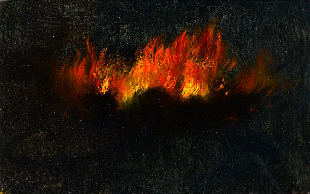 Zeppelin i flammer set gennem teleskop fra Southfields, 3. september 1916 (olie på kort) af Walter Hunt