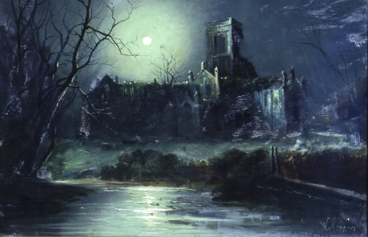 Kirkstall Abbey af Moonlight (olie på lærred) af Walter Linsley Meegan
