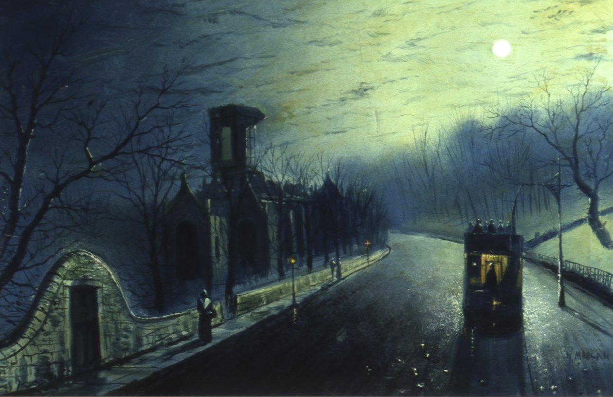 Kirkstall Abbey af Moonlight (olie på lærred) af Walter Linsley Meegan