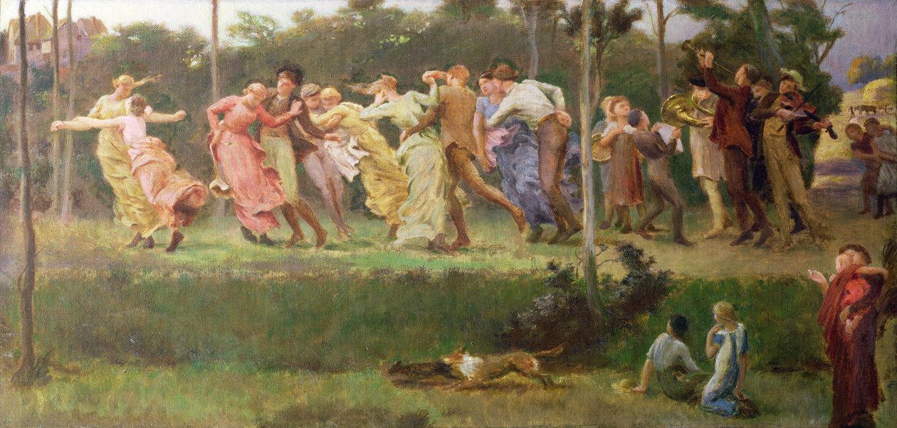 En høstdans, 1904 (olie på lærred, lagt på plade) af Walter Mclaren