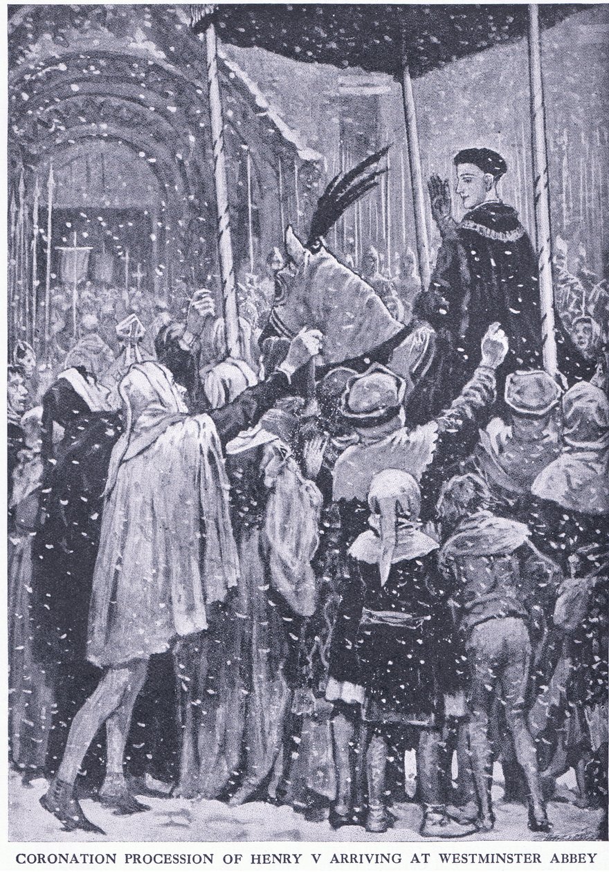 Kroningsoptog af Henry V, der ankommer til Westminster Abbey 1413, fra Cassells History of the British People udgivet af Waverley Book Company Limited, ca. 1940 af Walter Paget