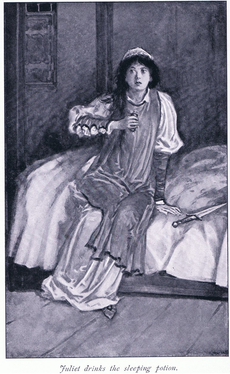 Juliet drikker den sovemiddel, 1900-tallet af Walter Paget