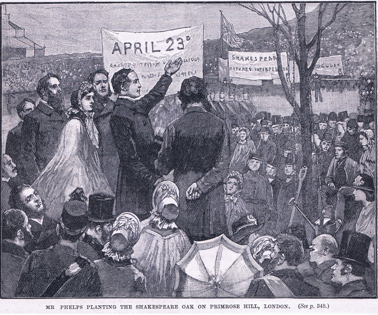 Mr. Phelps planter Shakespeare Oak på Primrose Hill, London 1864 AD af Walter Paget