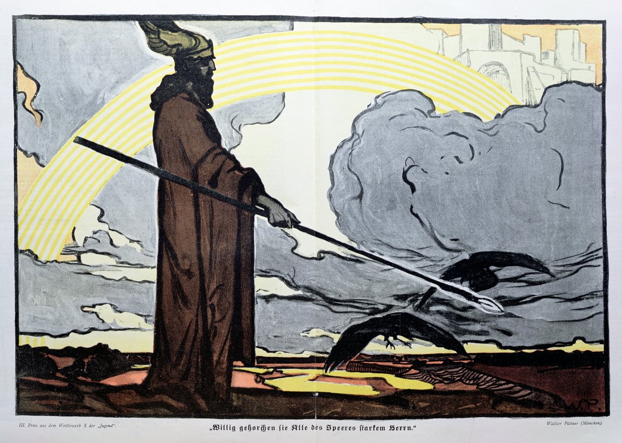 Odin med sine to krager, Hugin (tanke) og Munin (hukommelse) af Walter Puttner