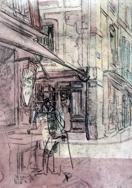 A Shop in Dieppe, ca. 1907 (blæk, farvet pastel og akvarel på papir) af Walter Richard Sickert
