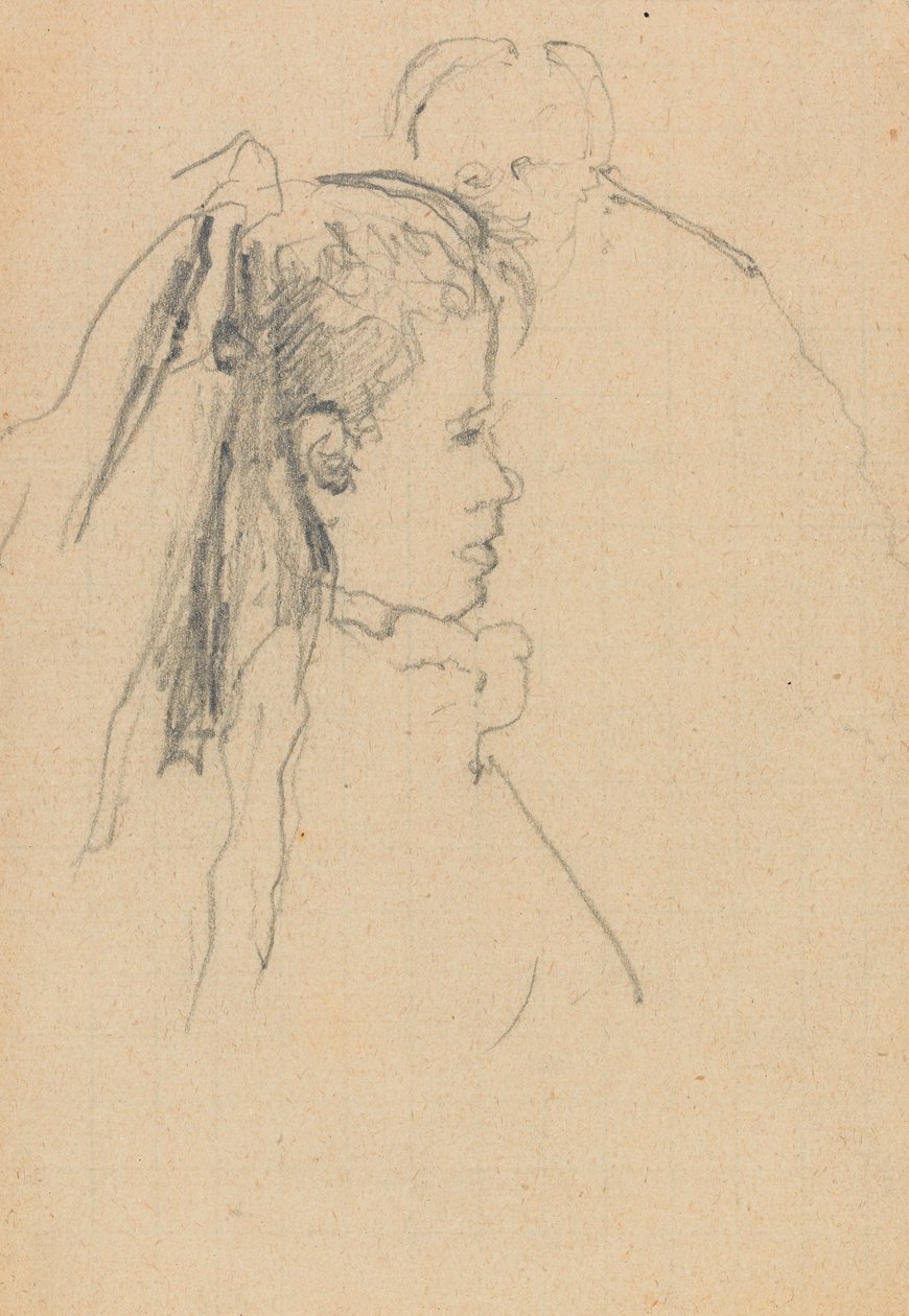 Hoved og buste af en pige i profil til højre, hoved af en mand, fuld foran, bagved (grafit på papir) af Walter Richard Sickert