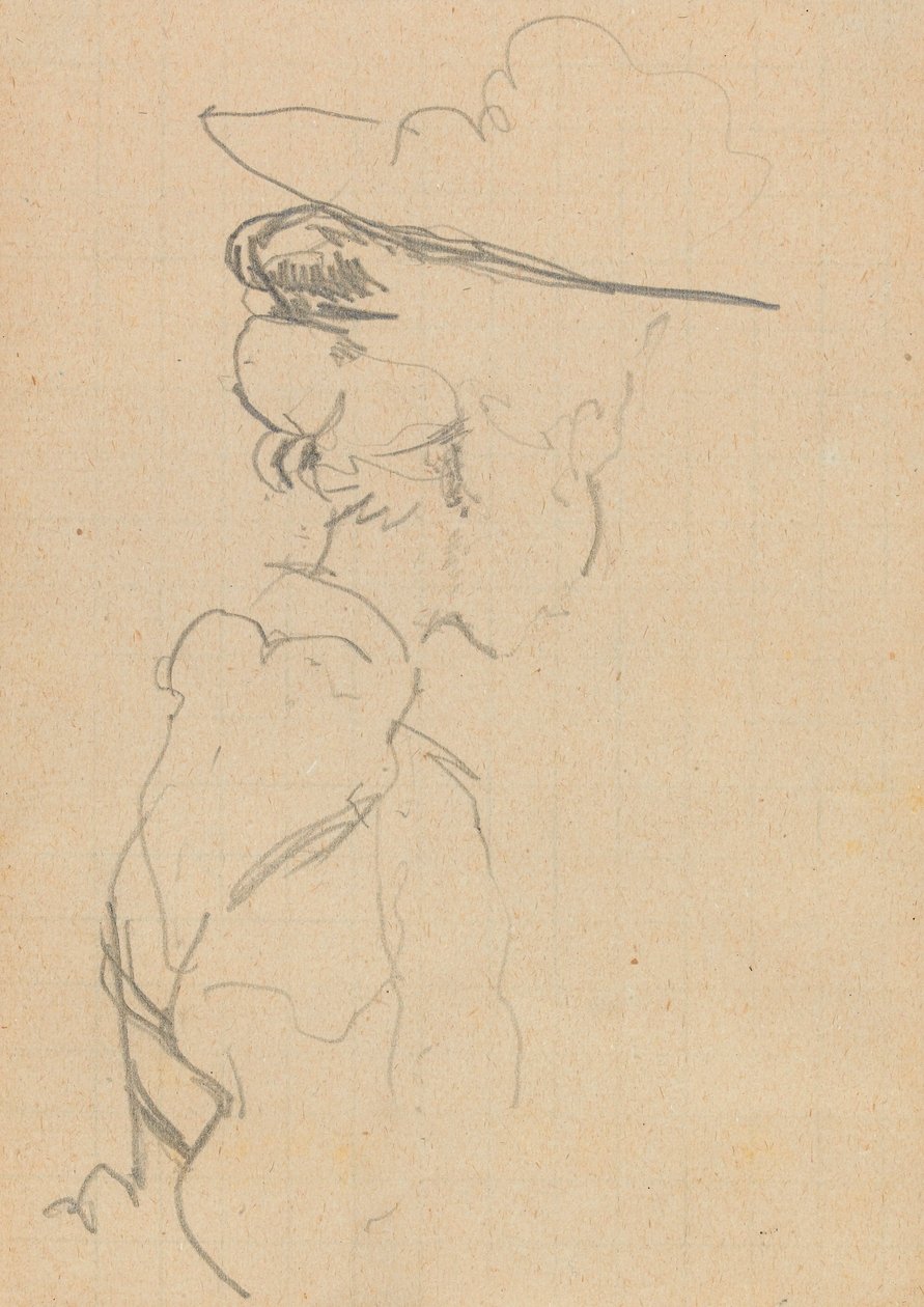 Hoved og skuldre af en kvinde med hat, i tabt profil, mod højre (grafit på papir) af Walter Richard Sickert