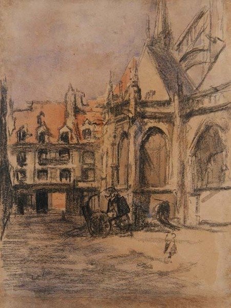 Rue Sainte Catherine og de gamle arkader, Dieppe, ca. 1900 (kul og akvarel) af Walter Richard Sickert