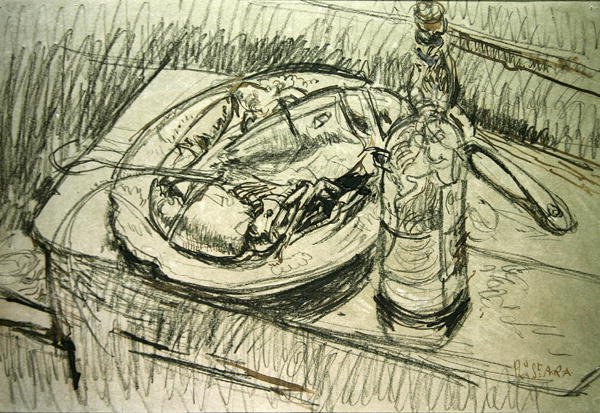 Stilleben med hummer (kridt og blæk på papir) af Walter Richard Sickert