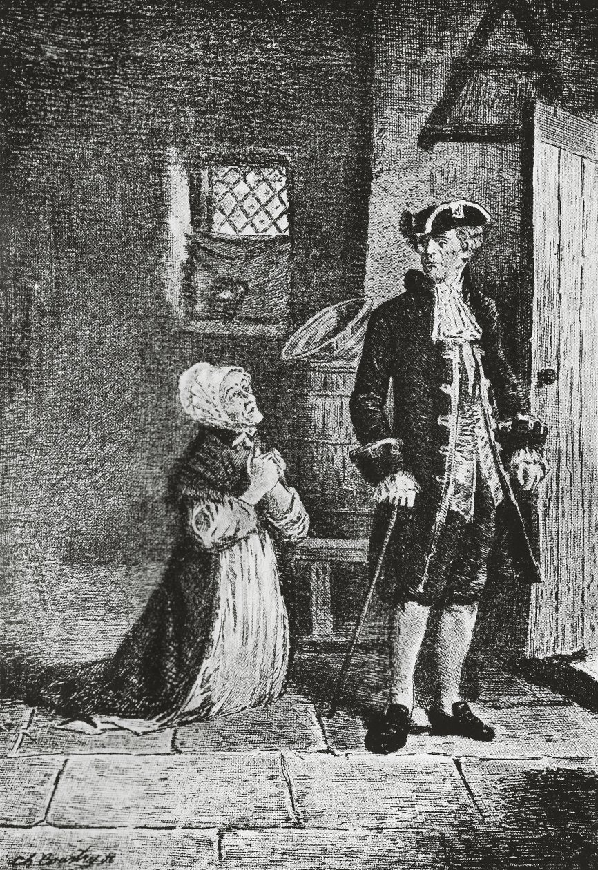 Elspeth og Lord Glenallan, illustration til Antiquary, historisk roman af Walter Scott (1771-1832), gravering af Walter Scott