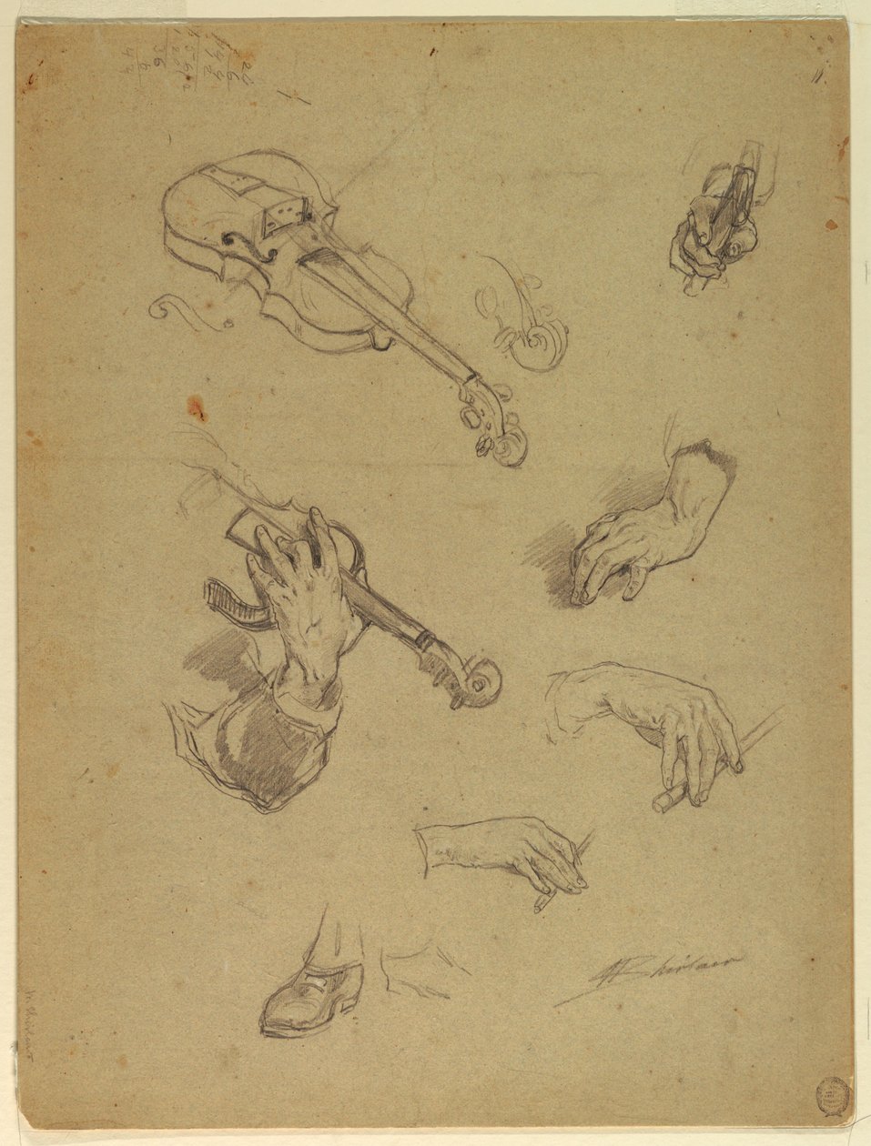 Tegning, ark med studier af en violinspillers hænder, 1878 af Walter Shirlaw