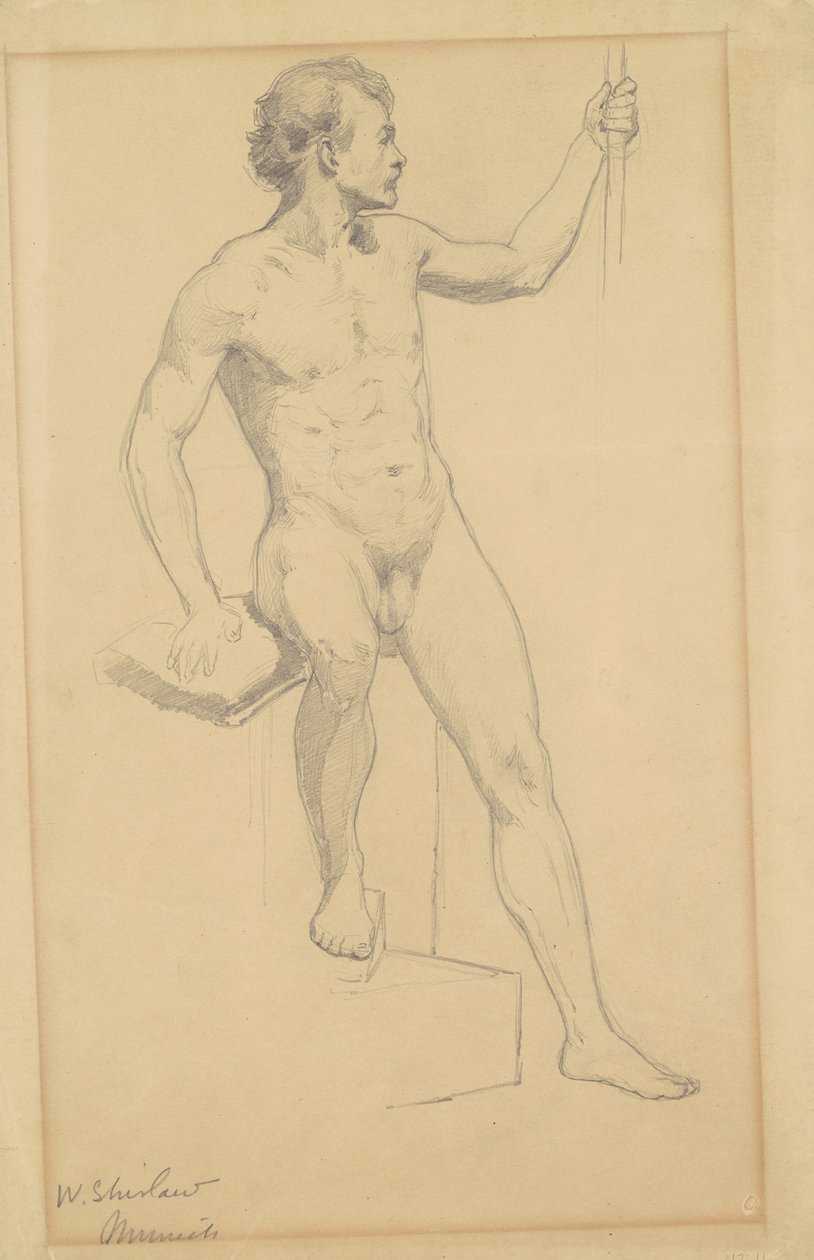 Siddende mandlig nøgen, ca.1870-77 (grafit på papir) af Walter Shirlaw