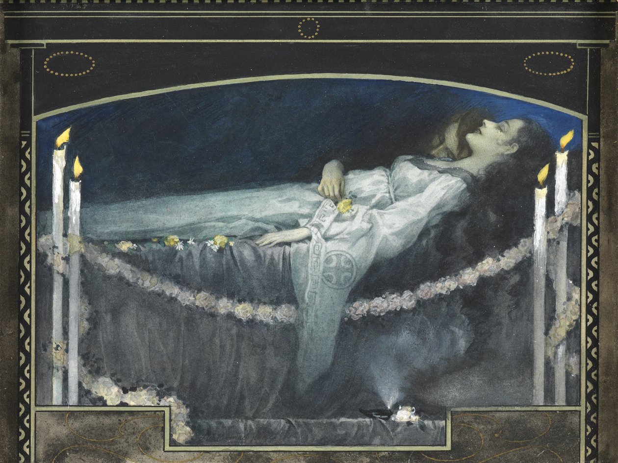 Romeo og Julie (akvarel med kropsfarve og guld på papir) af Walter Sigmund Hampel