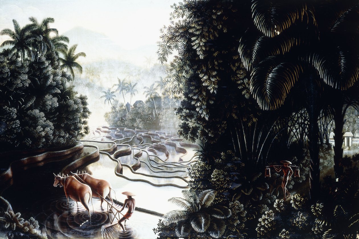 Udsigt over Sawaherne til Gunung Agung, ca. 1937-1939 (olie om bord) af Walter Spies