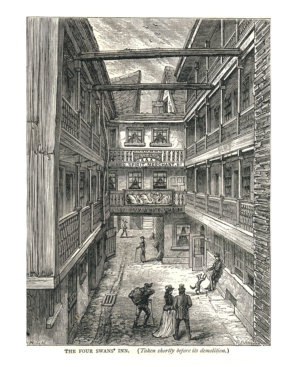 The Four Swans Inn kort før nedrivning, 1878 af Walter Thornbury